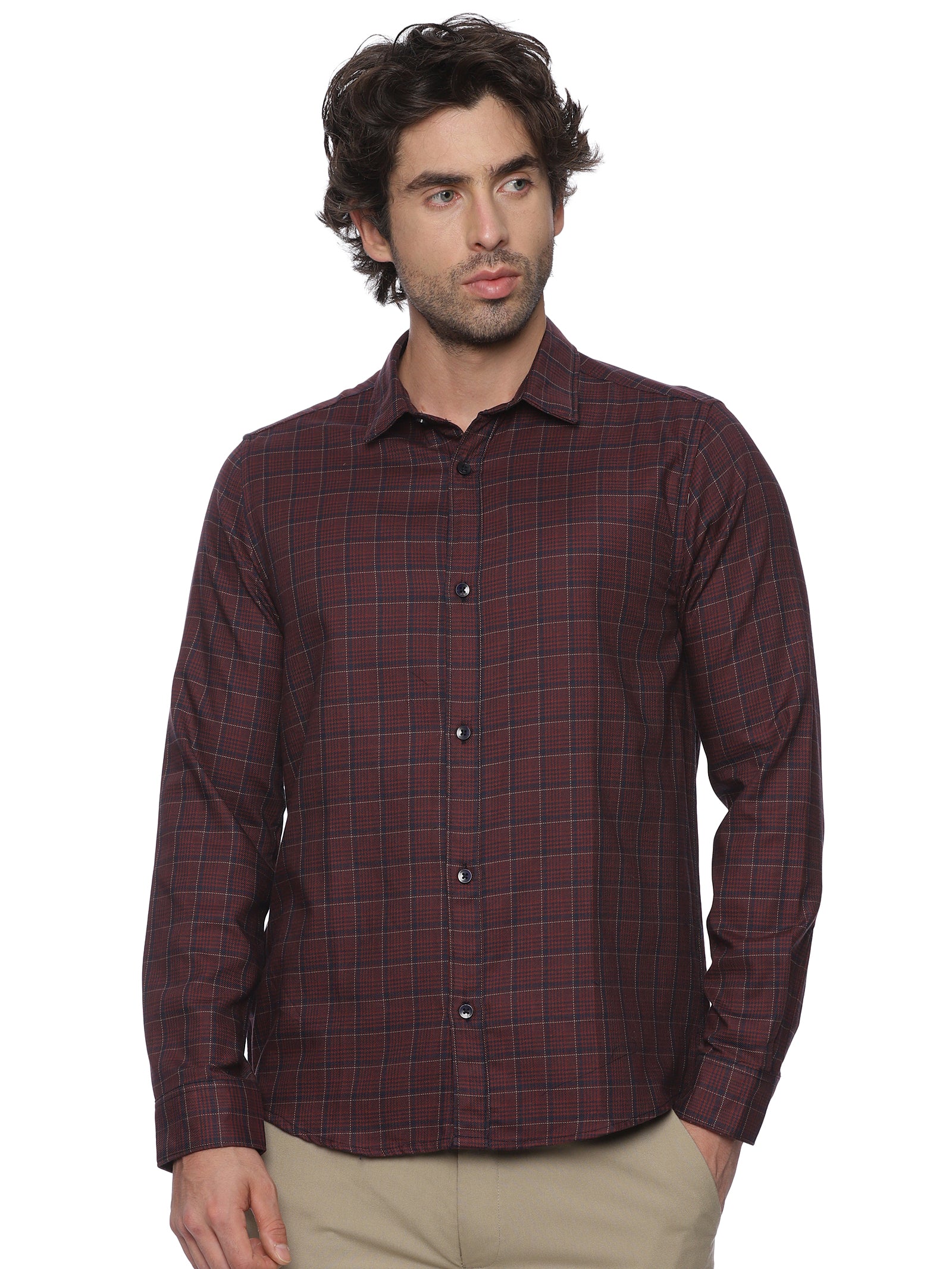 Man wearing a maroon checkered shirt on a white background